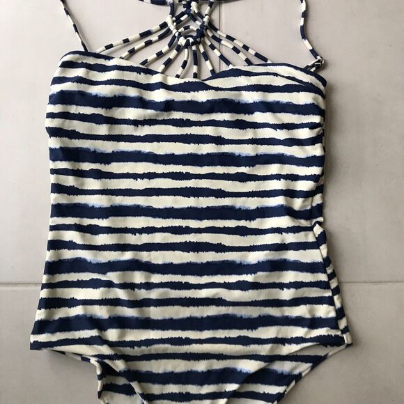 Tori Praver One Piece Swimsuit Striped Indigo Macrame Swimwear - Picture 3 of 8